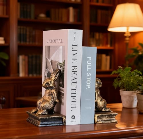 2 PCS Rabbit Decorative Bookend Set Cast Iron Vintage Heavy Duty Book Ends for Shelves for Home, Office Desk, Living Room (Back-to-Back Rabbits) - color: Back-to-back Rabbits