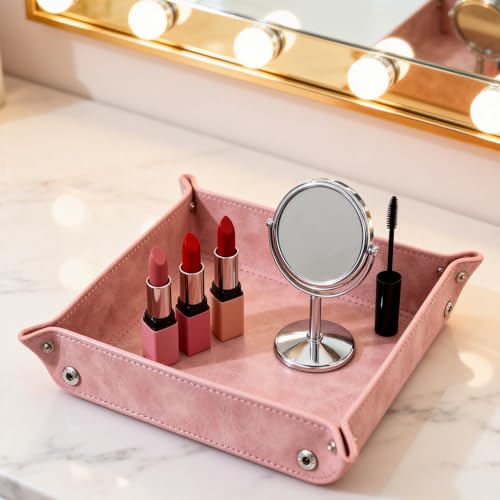 siduater Valet Tray Desktop Storage Organizer – Vegan Leather Catchall Bedside Vanity Tray Nightstand Caddy Holder for Remote Controller, Watch, Keys, Phone, Wallet, Coin, Jewelry, Stone Pink - color: Stone Pink