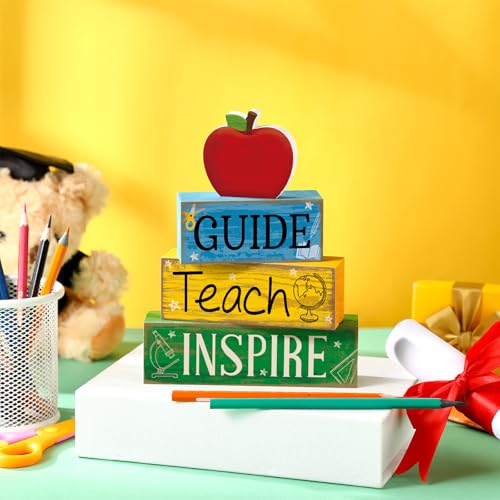 Yuntau 4 Pcs Teacher Appreciation Gift Wooden Table Decoration Apple Tiered Tray Decor Guide Teach Inspire Teacher Appreciation Gift Apple Block Sign Centerpiece Decor for Office Classroom - style: Apple