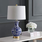 JONATHAN Y 25.25" Blue/White Ceramic Ginger Jar Table Lamp Set of 2, Traditional Brass Gold Base for Living Room Bedroom, White Linen Drum Shade, LED Bulbs Included JYL1072A-SET2