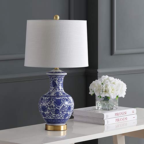 JONATHAN Y 25.25" Blue/White Ceramic Ginger Jar Table Lamp Set of 2, Traditional Brass Gold Base for Living Room Bedroom, White Linen Drum Shade, LED Bulbs Included JYL1072A-SET2