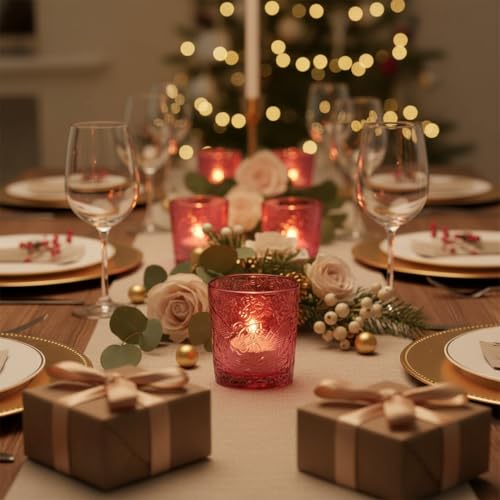 12 Pack Hummingbird Embossed Glass Candle Holders – Votive Tealight Holders with Patent Design, Decorative Embossed Glass Cups for Wedding Centerpieces, Parties, and Home Décor (Wildberry Red) - color: Wildberry Red
