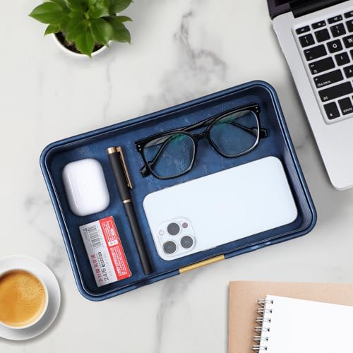 10.2" x 6.7" Nightstand Organizer Tray with Gold Accent, Decorative Valet Trays Cologne Organizer for Men, Key Bowl Perfume Trinket Tray for Dresser Bedside Entryway Table (Navy Blue) - color: Navy Blue