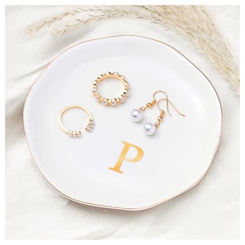 ProCase Ceramic Jewelry Tray, Initial Ring Dish Trinket Plate Engagement Gift, Small Personalized Monogram Ring Bowl for Wedding, White Decorative Jewelry Holder for Women Vanity -Letter P - style: P