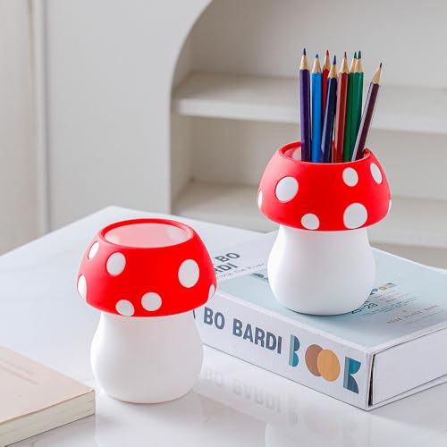 Silicone Pen Holder Cactus Pencil Holder Cute Pens Cup for Desk for Kids Office Decor Desk Accessories Pen Pot Desk Organizer (Red Mushroom) - color: Red Mushroom