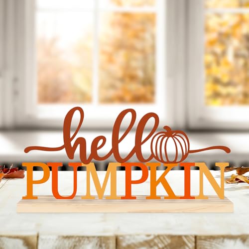 COCHIE Metal Hello Pumpkin Sign, Orange Fall Decorations for Home, Office, Shelf, Mantel, Indoor, Autumn Pumpkin Decoration, Hello Fall Decor (Autumn A) - style: Autumn A