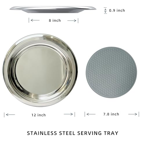 Stainless Steel Round Serving Tray,Metal Decorative Tray,Display Serving Platter for Wine and Glasses,12 Inches - size: 12"
