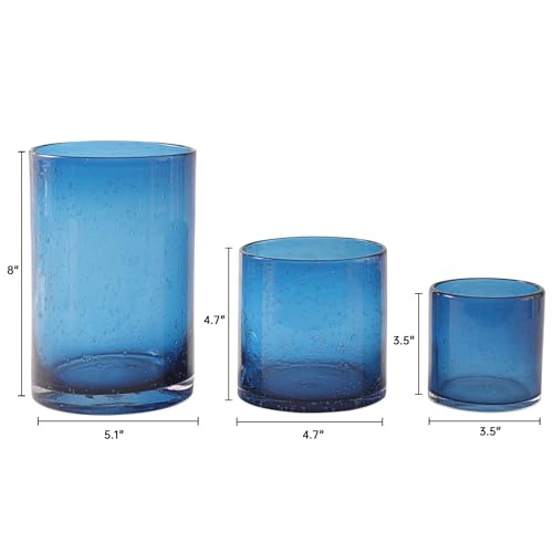 Hurricane Candle Holder Set of 3 Blue Candle Holders for Pillar Candles, Seeded Bubbles Glass Candle Holder, Blue Glass Cylinder Vases for Table Centerpieces, Home, Patio and Wedding 8" 4.7" 3.5" - color: Blue, size: Medium