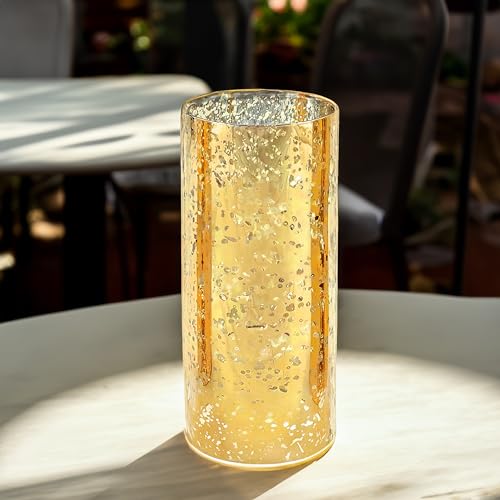 WGVI Hurricane Candle Holder Sleeve, W: 5", Ht: 10", Gold Speckled Glass Cylinder Open Both Ends, Chimney Tube Shade, 1 Piece - size: 5x10"H