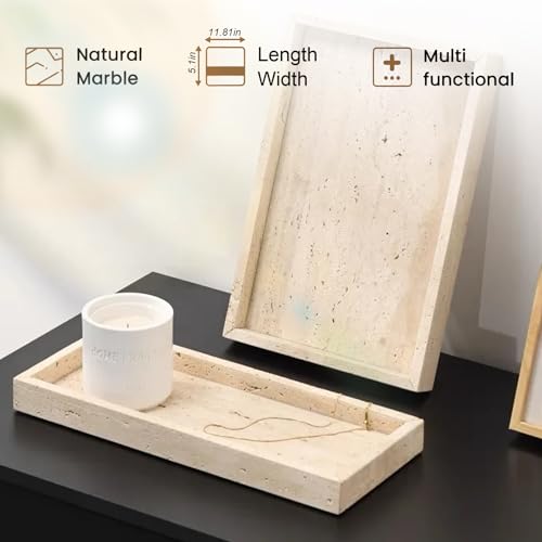 Natural Marble Tray, Stone Tray for Bedroom/Bathroom/Kitchen/Vanity Countertop, Jewelry Tray for Rings Earrings Necklace Bracelet Watch, Room Decor Aesthetic - color: Beige Travertine, size: 11.8" x 5.1" x 1.2"