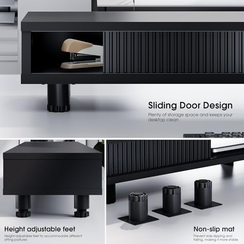 Fenge Dual Monitor Stand, 42.5inch Long Monitor Stands Riser for 2 Monitors, Sliding Door with Storage Organizer Stand for Desk, 2 Tier Desk Shelf for Laptop, Pc, Printer, Computer, TV - color: Black