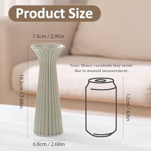 7.68” Vintage Green Ribbed Ceramic Vase, Small Rustic Farmhouse Vase for Pampas Grass, Centerpiece, Coffee Table, Kitchen, Office & Home Decor - color: Rustic Green