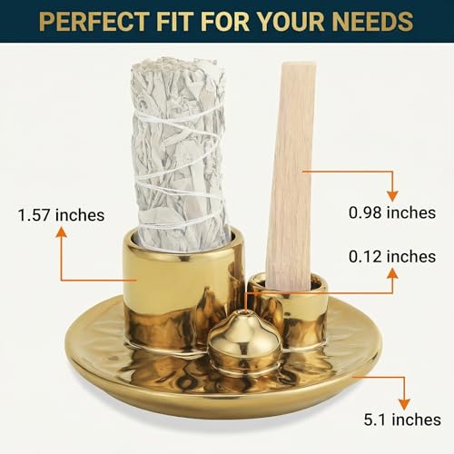 Handmade Ceramic Incense Burner for Palo Santo Incense Sticks, 4 in 1 Multi-Purpose Sage Holder for Burning, Ash Catcher Tray for Meditation Yoga Room (Golden) - color: Golden