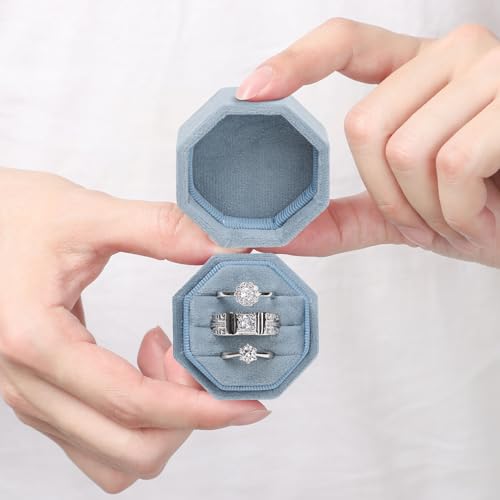 WantGor Velvet Ring Box, 3 Slots Jewelry Ring Gift Box Vintage Ring Display Holder Case for Wedding Ceremony Proposal Engagement (Ocean Blue) - color: Ocean Blue