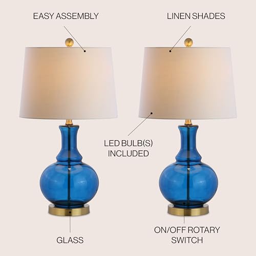 JONATHAN Y 25" Cobalt Blue/Brass Gold and Brass Gold Glass Table Lamp Set of 2 for Bedroom, Modern Bedside Lamp for Living Room Nightstand, White Linen Drum Shade, LED Bulb Included (JYL1068C-SET2) - color: Cobalt Blue