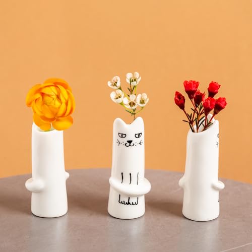 MOUGIGI Set of 3 Cat Flower Vase Bud Ceramic Mini Handmade Tiny Vases for Home Decor, Wedding Party, Birthday Gift - Unique, Cute and Aesthetic Miniature Vases - Japanese Trendy, Pretty and Bulk - color: 3 Pcs Cat Vase