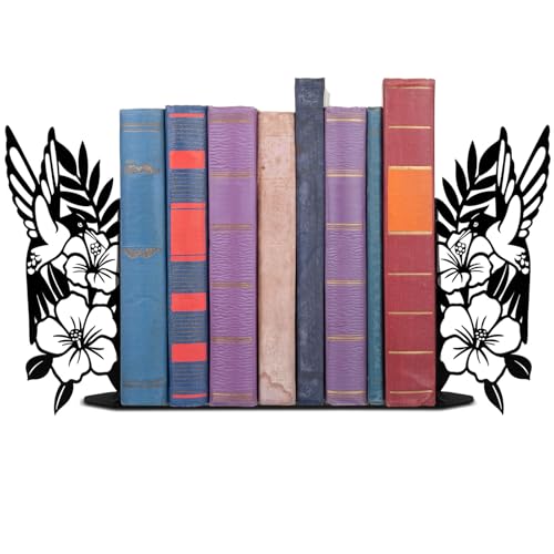ENCIMART Bird Metal Bookends for Shelves Cute Flower Book Ends for Heavy Books Bookshelf Decorative Objects Office Home Desk Bookshelf Decor Book Lover Hummingbird Gifts for Women (Black) - color: Black Hummingbird