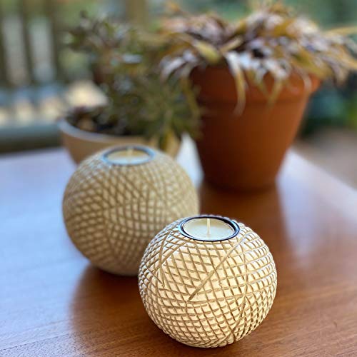 Luca Orb Tea Light Candle Holders (Gift Boxed Set of 2) Grid Pattern, Beige and White - color: Beige and White