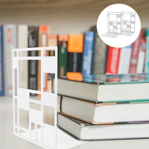 2Pcs Minimalist Metal Bookends Sturdy Hollow Square Book Holders in White Desktop Book Organizers with Elegant Pattern Design for Home and Office Decor