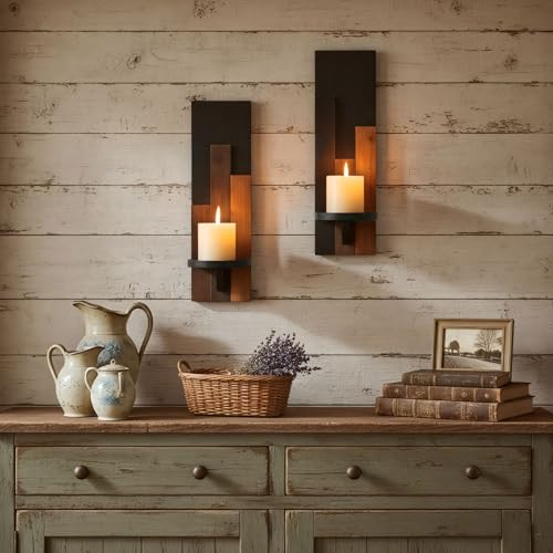 Wood Rustic Candle Sconces, Set of 2 Wall-Mounted Pillar Candle Holders, Antique Classical Wooden Candleholder for Farmhouse, Fireplace, Living Room, Bedroom, Rustic Home Decor - color: Three Color