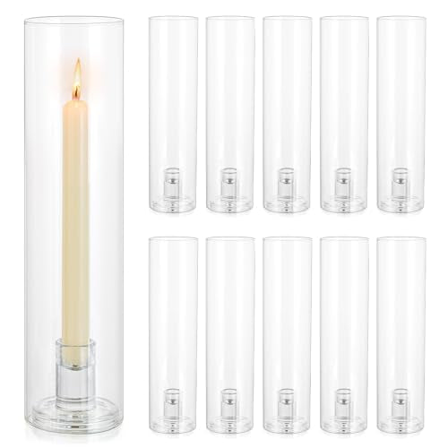 Glass Hurricane Candle Holder: 11.8" Tall Candlestick Holder Bulk with Cylinder Windproof Cover Set of 10 Clear Taper Candle Holders for Wedding Party Birthday Christmas Decor - size: 11.8" H - 10 Pcs
