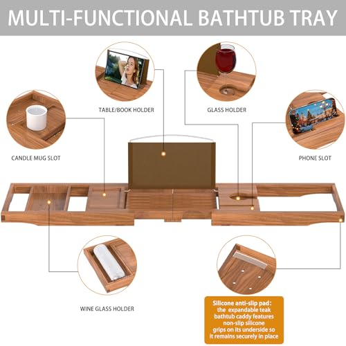 Premium Teak Bathtub Tray Caddy, Expandable Wooden Bath Tray for Tub,Luxury Bathroom Accessories,Great House Warming, Anniversary & Wedding and Birthday Gifts - color: Teak Wood