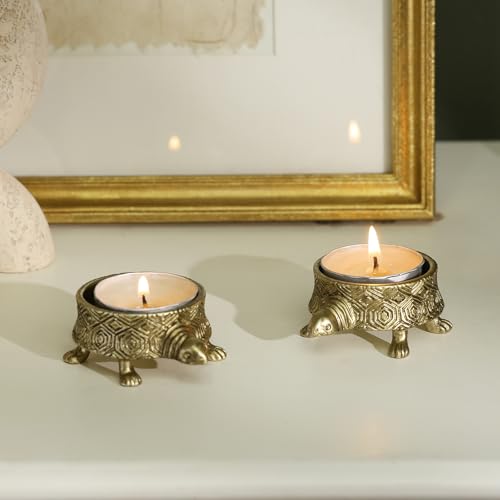 NIKKY HOME Gold Turtle Tealight Candle Holders Set of 2, Centerpiece Table Decorations, Decorative Metal Candlesticks Stand for Tea Light Candles