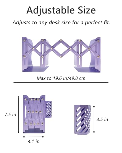 Kingsmile Book Ends, Adjustable Bookends for Shelves, Metal Bookends for Heavy Books, Book Stopper Organzier with Pen Holder for Desk, Kids Room, Office, Classroom, Library, Study Room.(Purple) - color: Purple