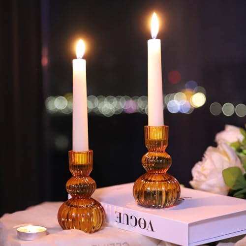 Woho Amber Taper Candle Holders 4.3" H for Halloween/Thanksgiving Decorations, Set of 3 Ribbed Glass Candlestick Holders Vintage for Fall Wedding, Boho Candle Sticks Holder Decor for Dining Table - color: Amber