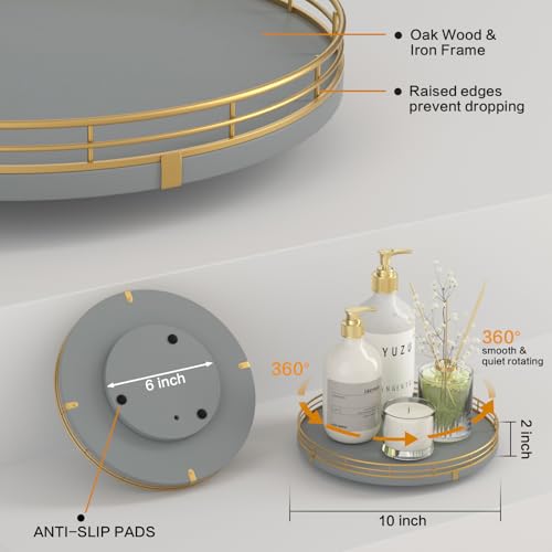 10" Wooden Lazy Susan Turntable for Cabinet – Rotating Spice Rack Organizer, Small Gray Kitchen Countertop Round Tray for Dining Table & Pantry Storage - color: Gray & Gold, size: 10