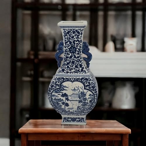 17" Classic Blue and White Porcelain Vase, Landscape Ceramic China Qing Style （D18）
