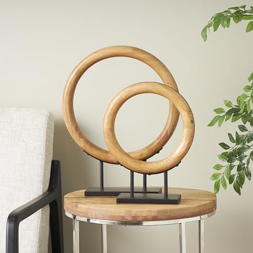 Deco 79 Wood Geometric Decorative Sculpture Circular Ring Home Decor Statues with Black Metal Stands, Set of 2 Accent Figurines 20", 16"H, Brown