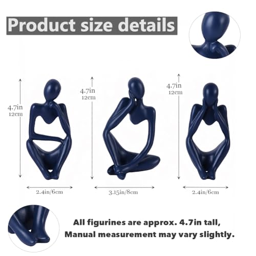 Navy Blue Thinker Statue Set of 3 - Navy Blue Decor for Table, TV Stand, Shelf, Desk - Resin Figurines for Living Room, Minimalist Bookcase Decorative, Modern Sculpture, Home Accents - color: Blue