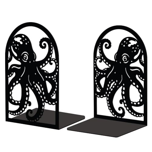 Peacoblue Metal Bookends for Shelves, Modern Decorative Heavy Duty Study Book Support Stoppers for Office, Desk, Shelf, Room 5.3"x4.3"x7.9" Cast Iron Simple Tall Bookends, 1 Pair (Octopus) - style: Octopus