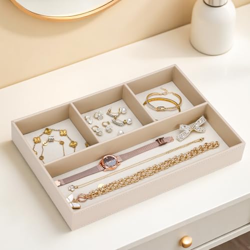 GORESE PU Leather Valet Tray, Stackable Jewelry Trays for Dresser, Drawer Nightstand Organizer Bedside Trays for Men Women, Entryway Desk Catchall Tray for Trinket, Key, Purse, Watch, Cologne, Beige - color: Beige