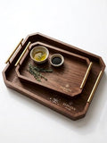 Luxury Decorative Wooden Serving Trays, Dark Brown Hexagonal Design with Gold Handles, 18x12 in/13.7x8.8 in, Modern Ottoman Tray Set of 2 for Coffee Table, Bar, Home Decor, Serving