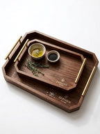 Luxury Decorative Wooden Serving Trays, Dark Brown Hexagonal Design with Gold Handles, 18x12 in/13.7x8.8 in, Modern Ottoman Tray Set of 2 for Coffee Table, Bar, Home Decor, Serving