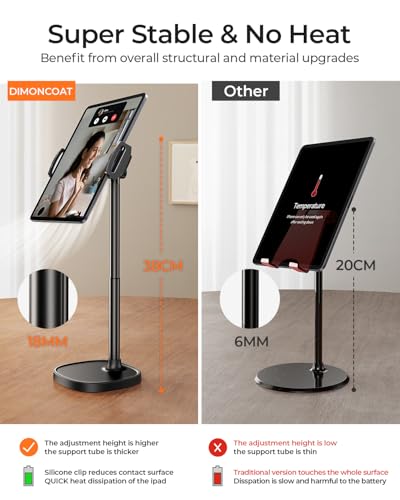 DIMONCOAT Height Adjustable Tablet Stand for Desk, Tablet Holder 360° Rotation: Desktop Tablet Accessories for 4.7-10" Like iPad Pro, Air Mini, Kindle, E-Reader, iPhone 17 Pro Max - color: BLACK - 6X STABLE WEIGHTED BASE, size: For 4-10 Inch
