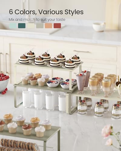 SONGMICS Cabinet Organizer Shelf, Set of 2 Kitchen Counter Shelves, Kitchen Storage, Spice Rack, Stackable, Expandable, Metal and Engineered Wood, Cream White UKCS200W02 - color: Cream White, size: 15.6"W