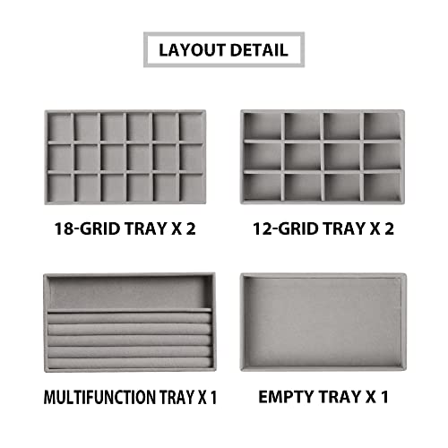 Frebeauty Jewelry Organizer Tray,Stackable Velvet Jewelry Trays,Drawer Inserts Earring Organizer For Women Jewelry Storage Display Case for Rings Stud Necklaces,Set of 6(Grey) - color: Grey, size: Set 6