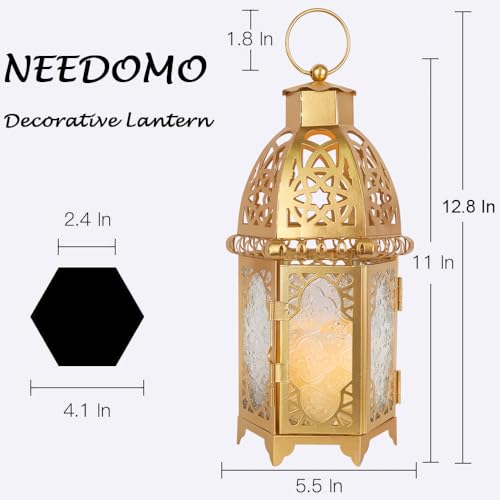 NEEDOMO 12.8'' Moroccan Lanterns Decorative Indoor & Outdoor, Vintage Christmas Candle Holder, Metal Lanterns Decorative, Table, Patio, Porch, Shelf, Christmas Spring Ramadan Eid Home Decor (Golden) - color: Gold, size: Large