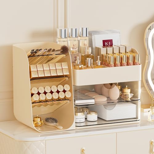 Booklov Makeup Organizer for Vanity, Countertop Cosmetic Display Case with Clear Acrylic Drawers, Bathroom Counter Beauty Caddy, Cute Table Storage Holder for Skincare, Brush Lipsticks, Crystal Creem - color: Crystal Cream, size: M01