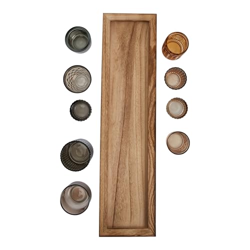 Wood Tray with 9 Brown Glass Votive Holders (Set of 10 Pieces) - color: Browns