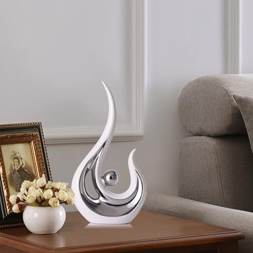 LCCCK White Silver Abstract Figurine Statues for Home Decor – Modern Ceramic Sculpture Accent, Decorative Statues for Living Room, Shelf, TV Stand, Office or Coffee Table Centerpiece Art Decoration - color: White and Silver