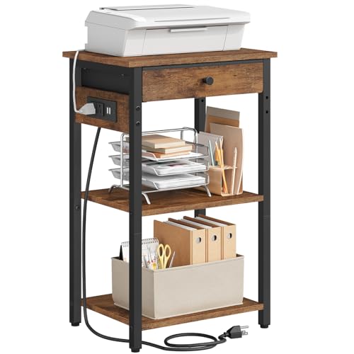 Gewudraw Printer Stand with Charging Station, 3-Tier Under Desk Printer Table, End Table with Storage Shelves for Home Office, Living Room,Bedroom,Bathroom,Brown - color: Rustic Brown, size: 3 layer & CS
