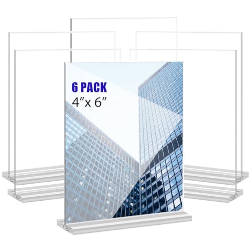 KOOLDE Acrylic Sign Holder 4x6 Inches 6 Pack T Shape Desktop Display Stand Vertical Double Sided Clear Table Menu Flyer Holder for Restaurants, Office, Shop, Wedding - color: 6 pack