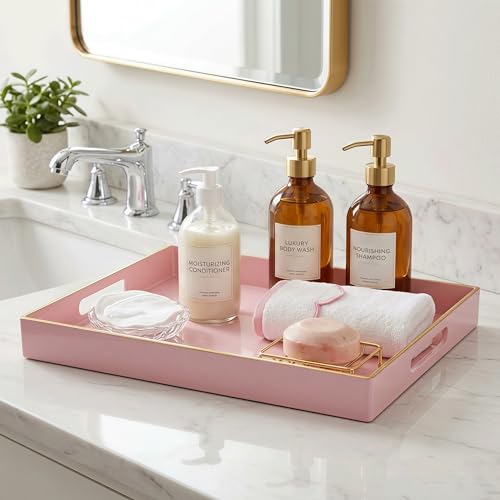15.8" x 11.8" Pink Decorative Serving Tray with Gold Trim and Handles, Sturdy Rectangular Ottoman Tray for Living Room, Coffee Table, Kitchen Counter, Bathroom Vanity, Easy to Clean - color: Pink Gold Trim