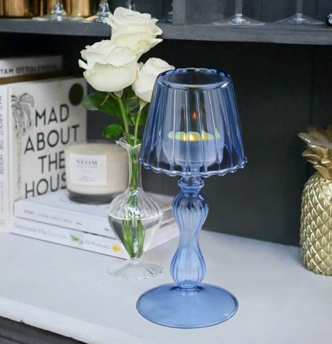 Gurfuy Desk Lamp Shaped Glass Candle Holder - Glass Hurricane Candleholder Crystal Decorative Candle Stand for Table Wedding Dinning Centerpieces Party Supplies Decor NavyBlue - color: Navyblue