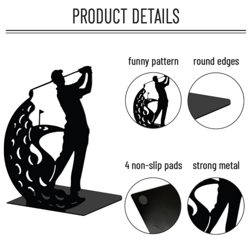 WADORN 1 Pair People Golf Metal Decorative Bookend for Shelves, Heavy Duty Book Ends Modern Non-Skid Books Holder Stand Black Book Support Stoppers for Desk Bookshelf Office Home, 5.3x4.3x7.9 Inches - color: People Golf