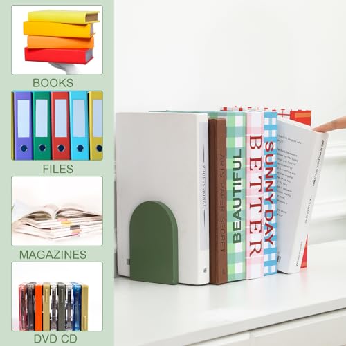 Honoson 4 Pcs Boho Wood Bookends Back to School Sage Green Wooden Book Stands Decorative Non Skid Book Stoppers for Books Cds Videos Albums Office Desktop Shelves(Green) - color: Green